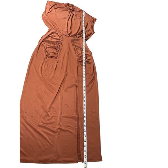 Revolve Krisa Dress Medium Mockneck Midi Slit on Leg Elegant Open Back Brown - Picture 10 of 13